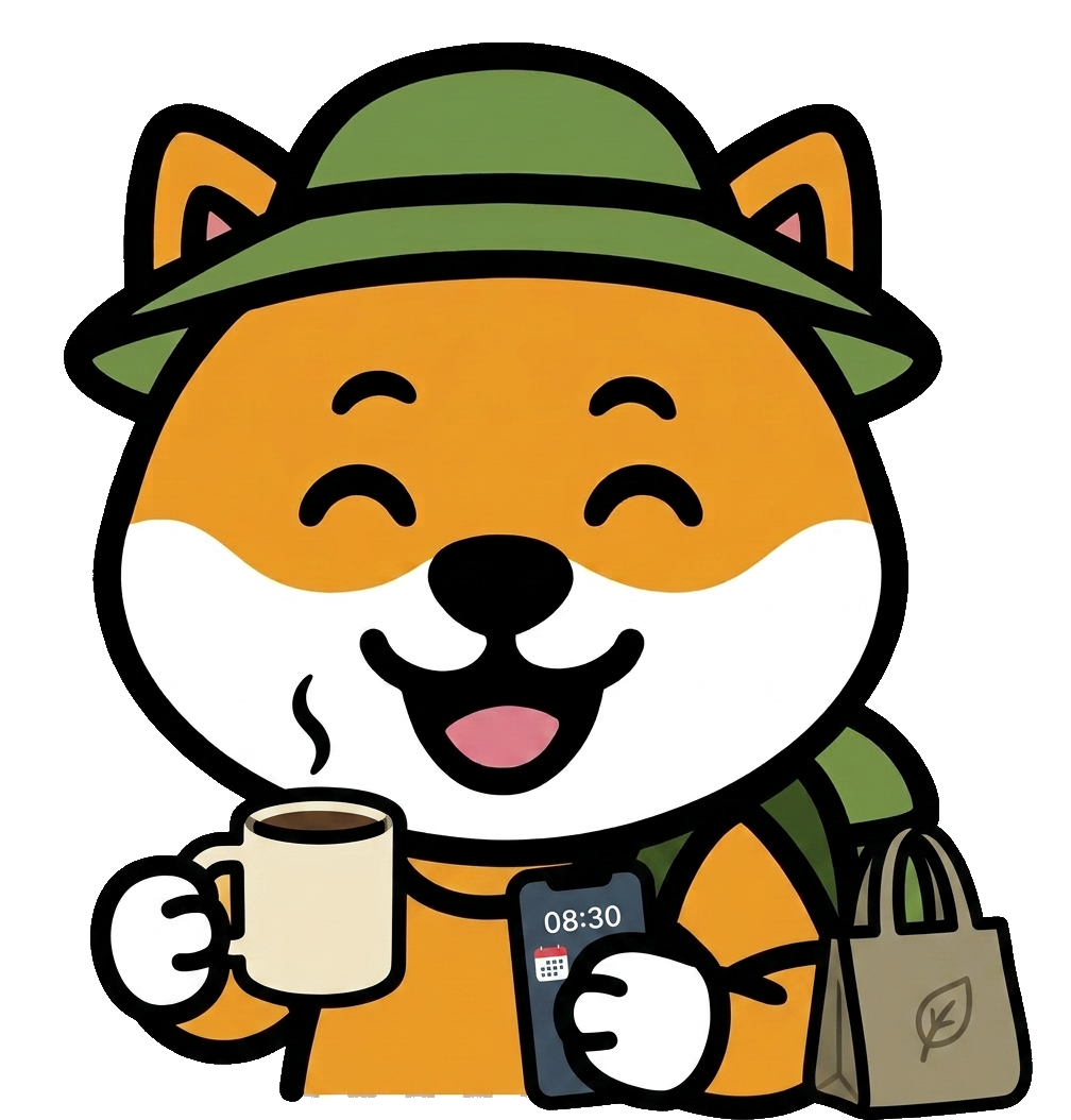 Aki with a morning coffee and a tote bag